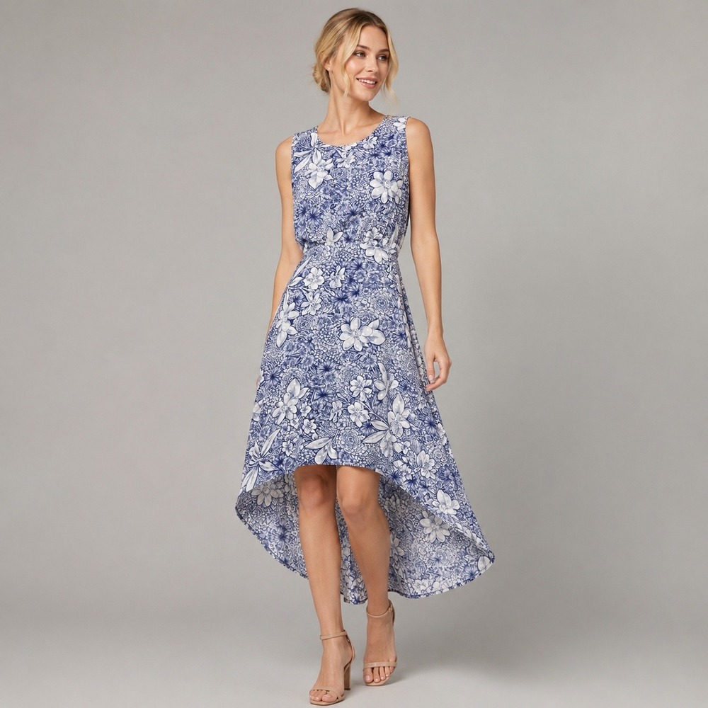 Taylor Petite Blue Ecru Botanical Print High Low Dress Sleeveless Size 10P